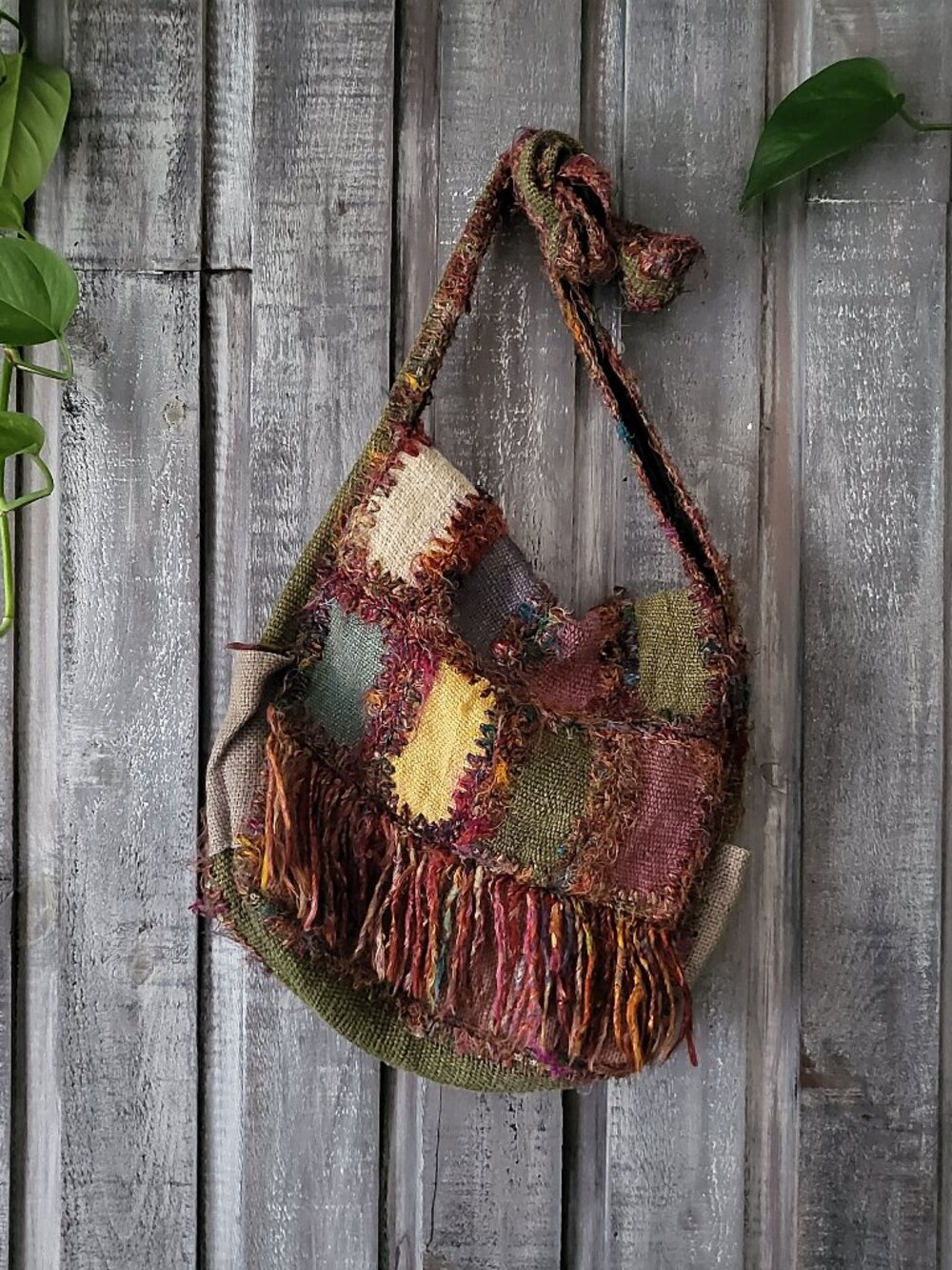 Vintage Boho Patchwork Woven Crossbody Bag Jute Gheri Fringe Multicolor Earthy